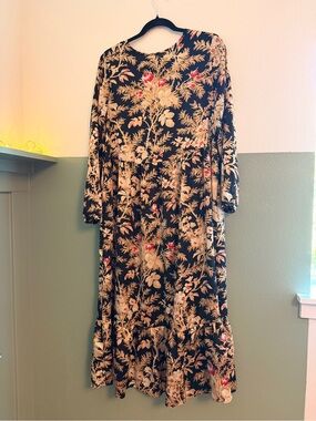 H&M Black Maxi Dress with Cream Floral Print and Red Accents